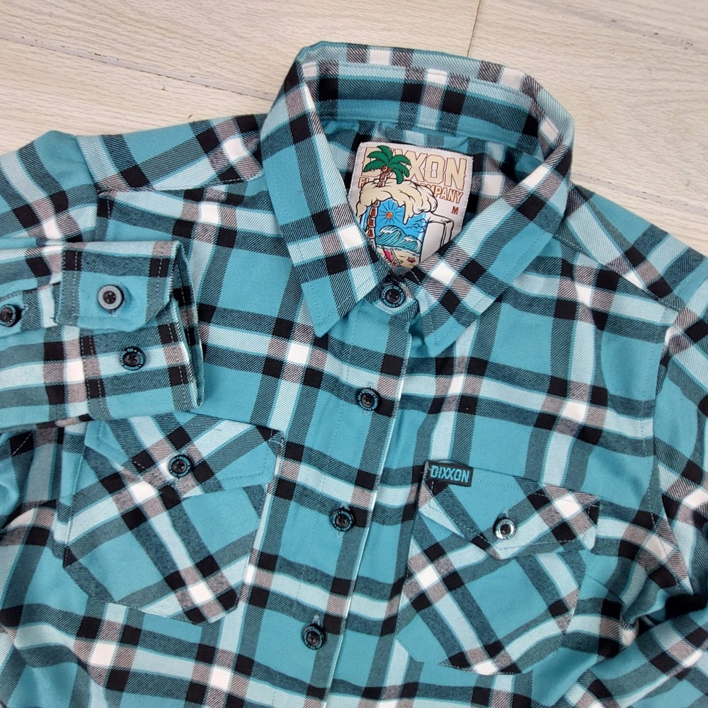 Dixxon Flannel Co Cancun‎ Flannel Women Medium Teal Black Plaid D-Tech Shirt